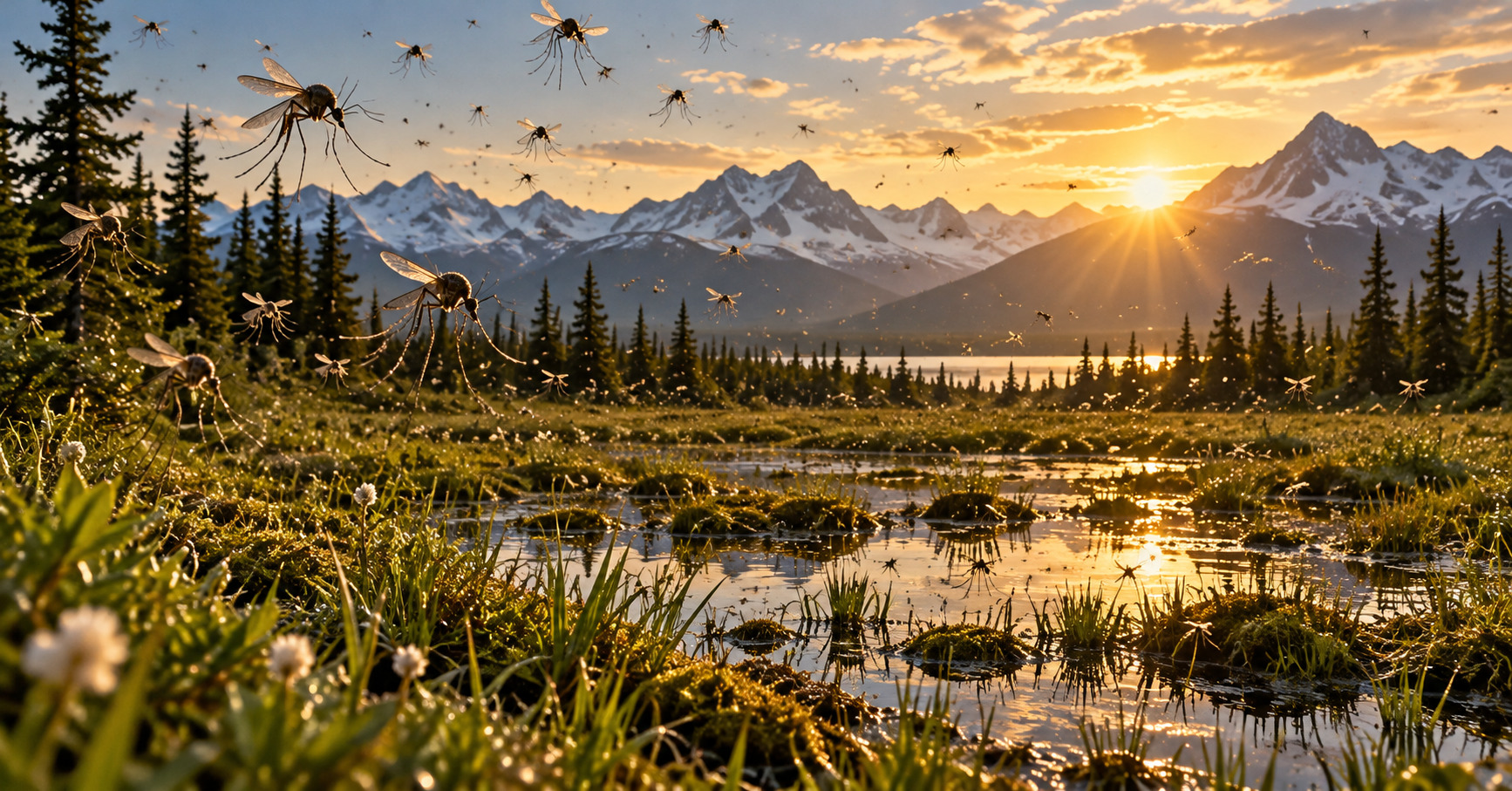 Swarm of mosquitoes flying over an Alaskan wetland with standing water, evergreen trees, and snow-covered mountains.
